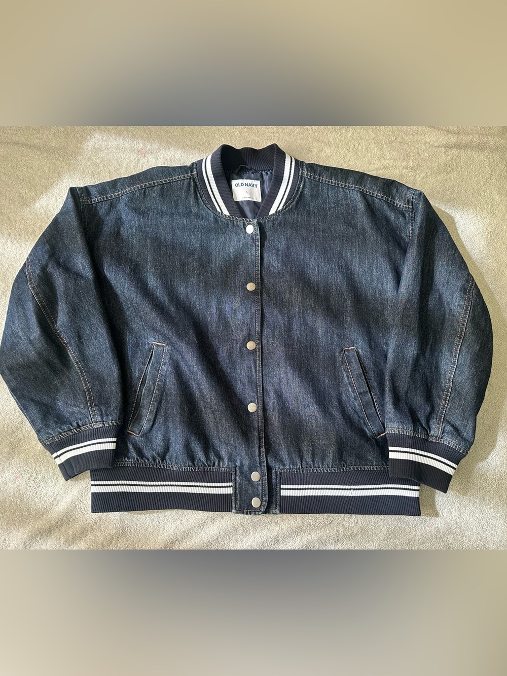 Old Navy Navy Denim Varsity Bomber Jacket with Stripe Trim